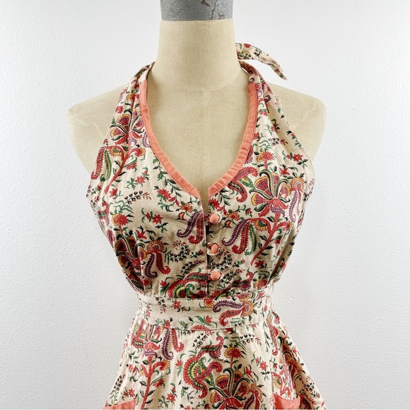 Vintage 1970’s Floral Print Halter Wrap Pinafore Apron Artist Smock Hand… - Picture 2 of 7